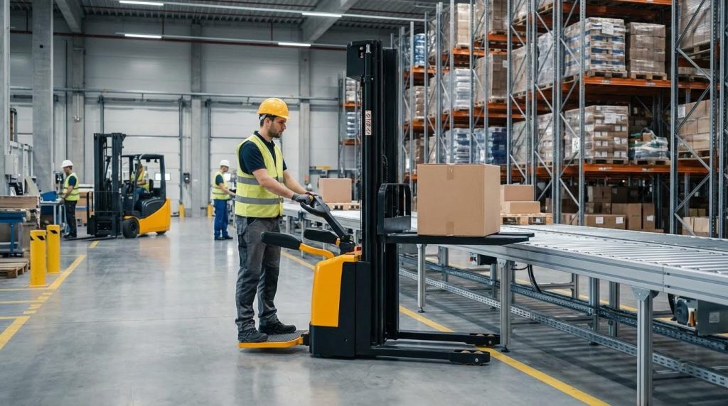 A warehouse worker rides on the foldable platform of an electric pallet stacker, positioning a single cardboard box near a roller conveyor system in a modern storage facility.