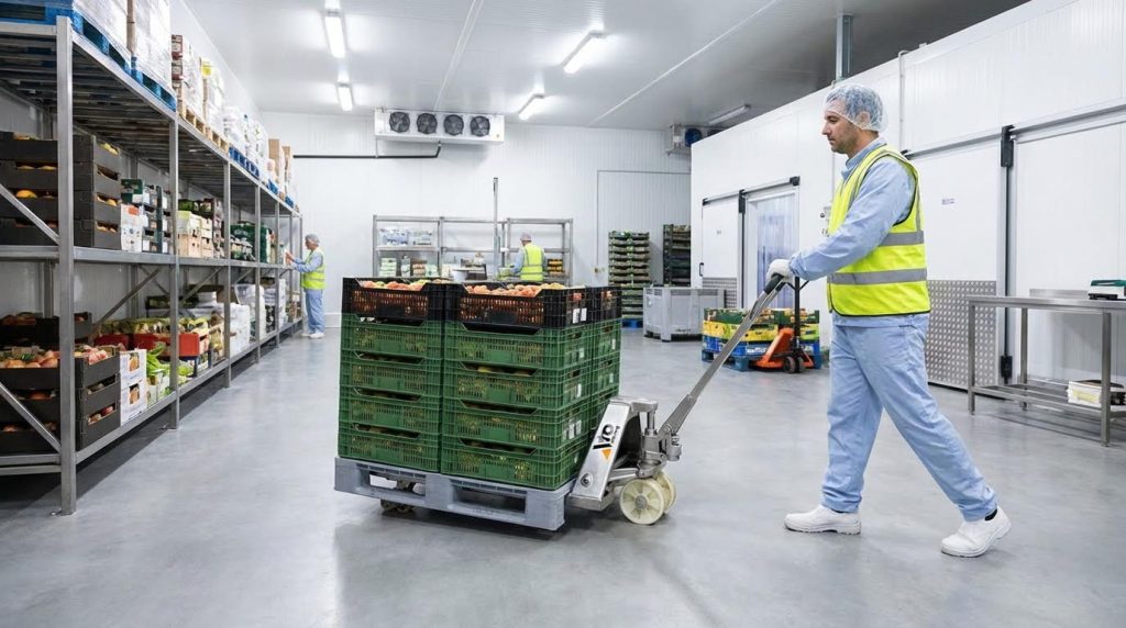 Worker in sanitary white clothing and a hairnet pulling a stainless steel pallet truck carrying a pallet stacked with green plastic crates in a clean, refrigerated food processing facility.