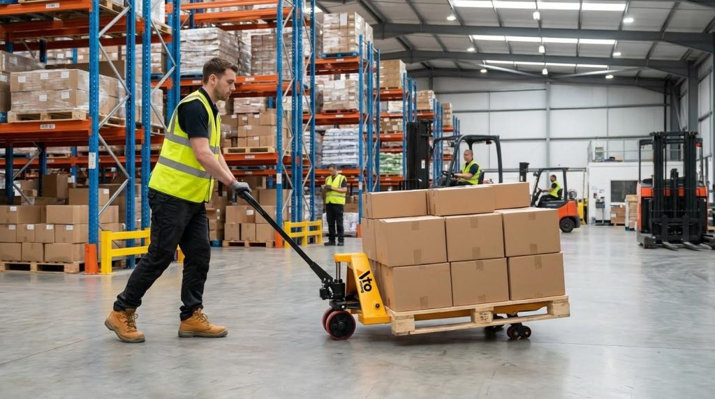 Logistics personnel in a yellow vest confidently pulling a yellow pallet jack loaded with stacked cardboard boxes across the smooth floor of a commercial warehouse equipped with extensive storage racks.