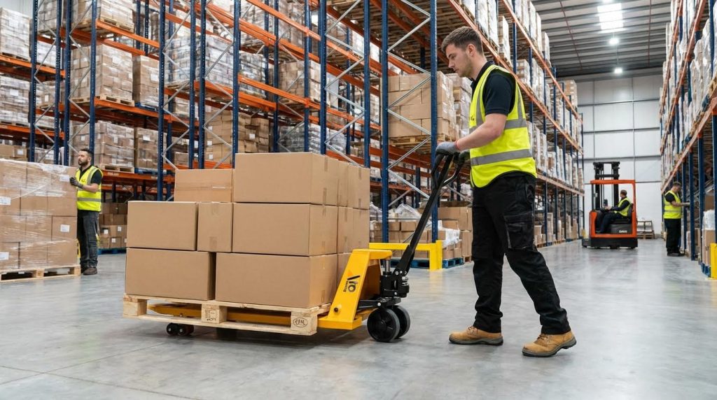 A warehouse worker wearing a high-visibility vest pulls a yellow manual pallet truck. He is transporting a wooden pallet loaded with several cardboard boxes down a wide aisle within a brightly lit logistics center featuring tall storage racks.