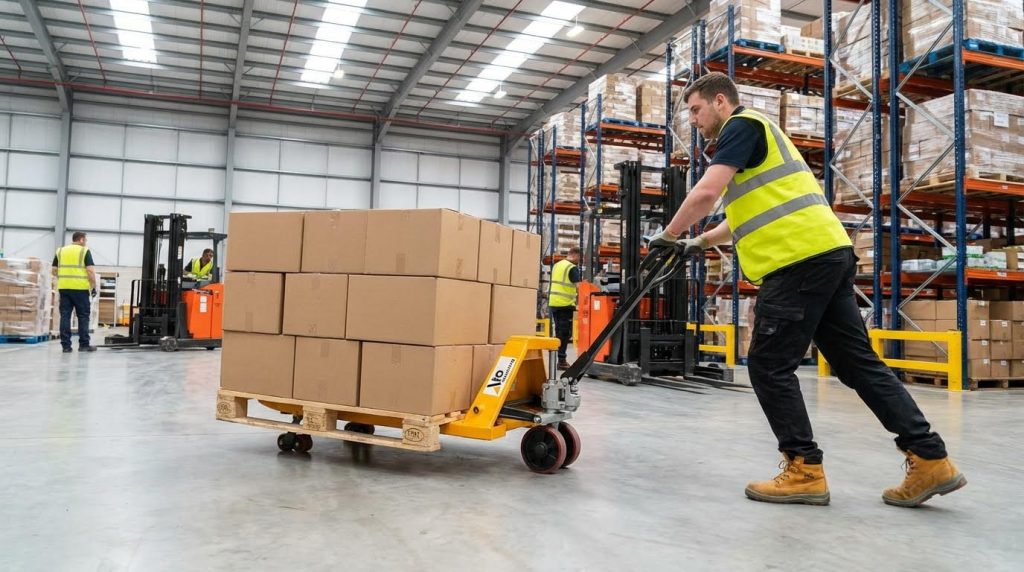 A logistics employee leans forward to confidently pull a heavy-duty yellow pallet truck across a smooth warehouse floor. The equipment effortlessly carries a double-stacked wooden pallet of cardboard boxes through a spacious industrial material handling facility.