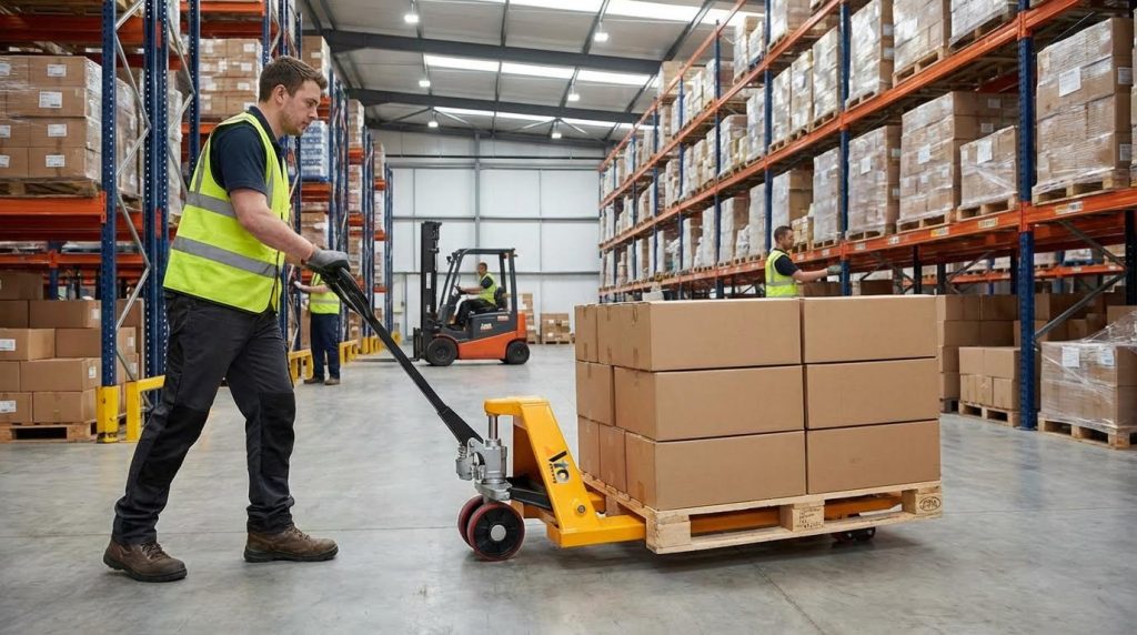 An operator in safety gear steers a yellow hand pallet truck, smoothly moving a securely stacked wooden pallet of cardboard boxes. The worker navigates through a long aisle surrounded by high-bay racking in a busy distribution warehouse.