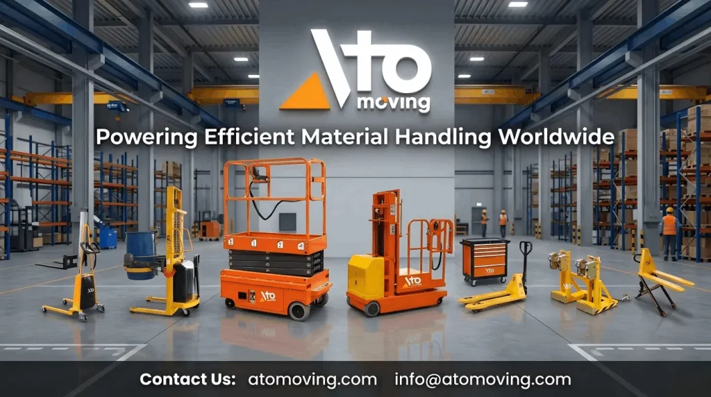 Product portfolio image from Atomoving showcasing a range of material handling equipment, including a work positioner, order picker, aerial work platform, pallet truck, high lift, and hydraulic drum stacker with rotate function. The text overlay reads "Moving — Powering Efficient Material Handling Worldwide" with company contact details.