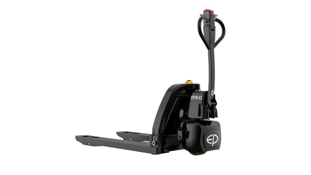 EP Equipment F4 1500kg electric pallet jack, versatile lithium pallet truck with optional stabilizing wheels, perfect for retail and logistics environments.