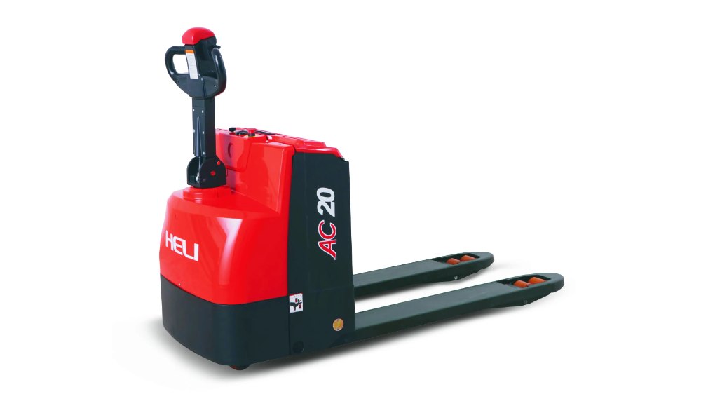 HELI AC20 2-ton electric pallet truck in red and black, a walkie pallet jack designed for efficient warehouse material handling.