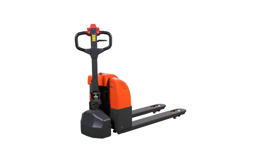 Compact orange and black walkie electric pallet truck with ergonomic handle, designed for efficient warehouse material handling and pallet transport.
