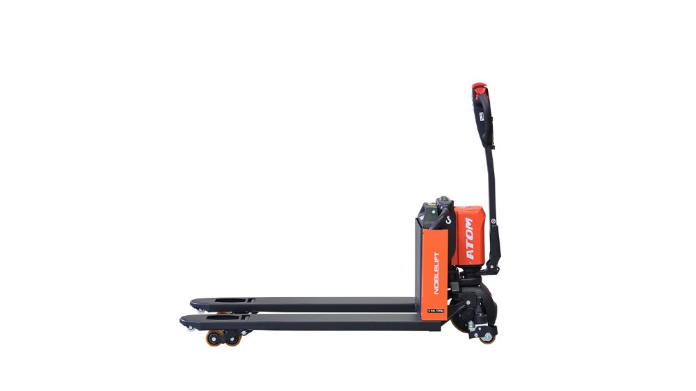 Lightweight electric pallet jack with intuitive control handle, ideal for narrow aisles, retail backrooms, and small-scale logistics operations.