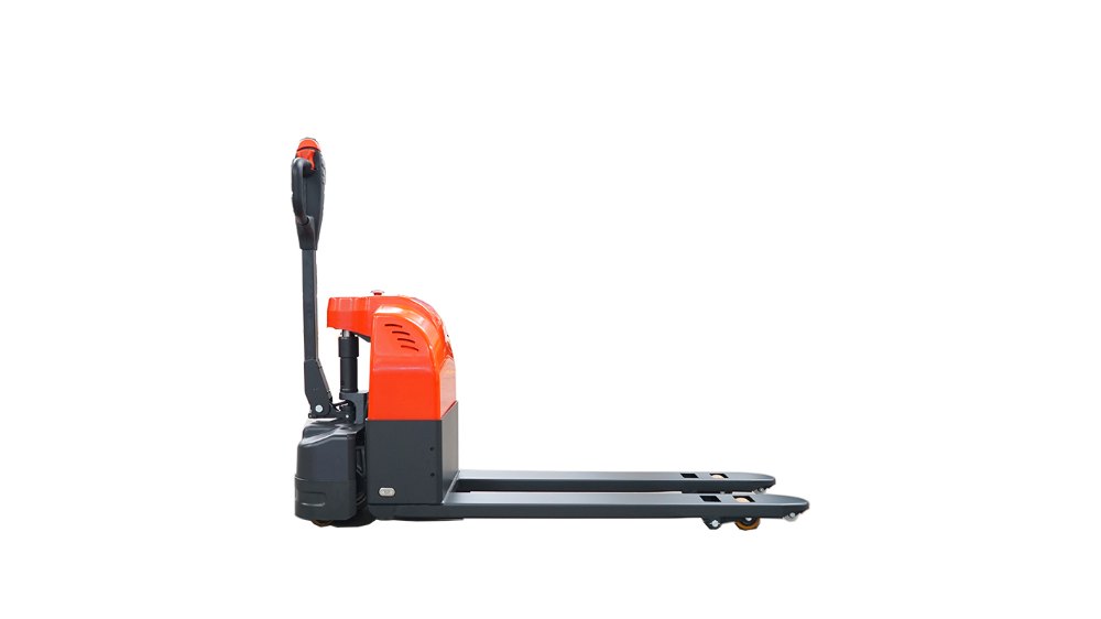 Reliable battery-powered walkie pallet truck, compact orange pallet mover for daily material transport in warehouses and distribution centers.