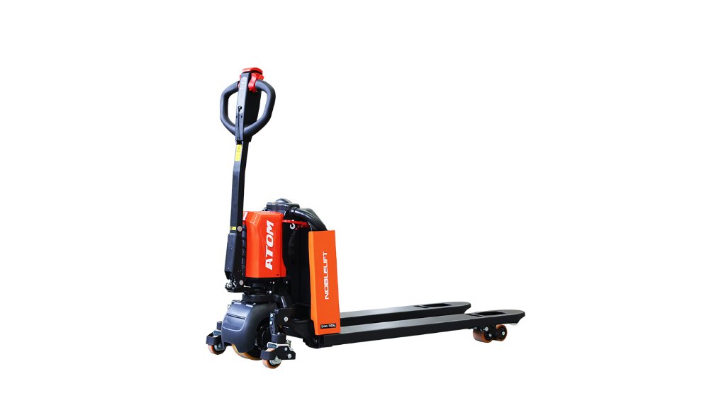 Orange walkie electric pallet truck, compact warehouse pallet jack with ergonomic controls.