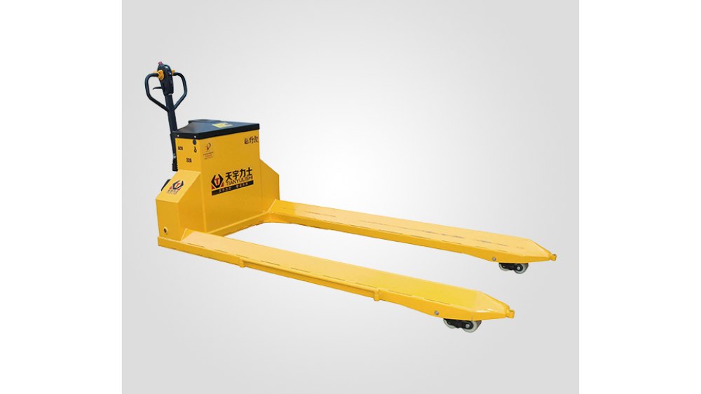 Yellow Tianyu Lishi electric pallet truck, walkie-style warehouse pallet jack with safety controls.