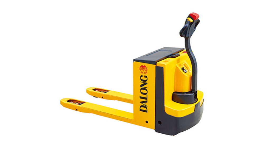High-quality yellow electric pallet truck with DALONG branding, featuring an ergonomic control handle and emergency stop button. Ideal for warehouse material handling and inventory management.