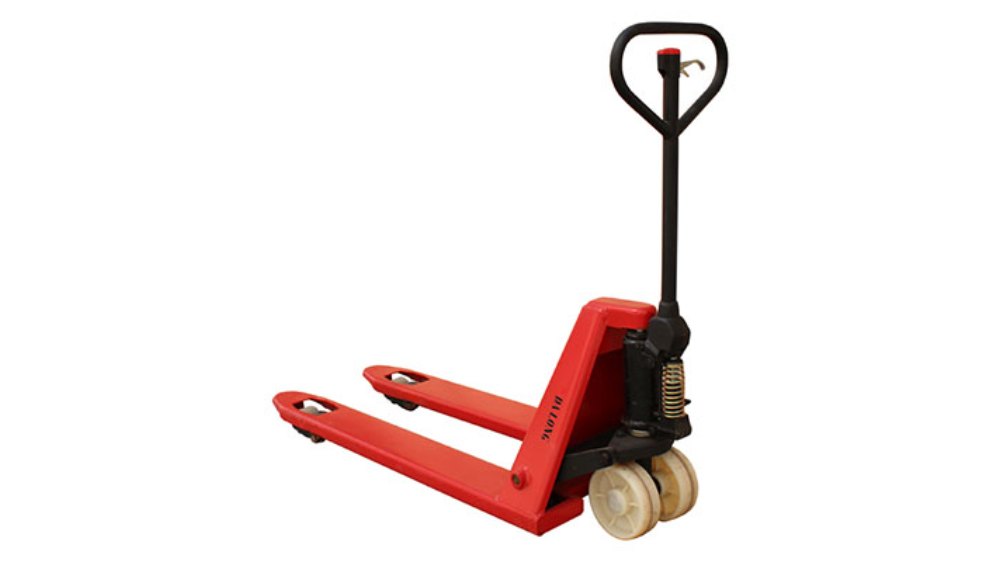 DALONG electric pallet truck for warehouse material handling. Red pallet jack with safety controls.