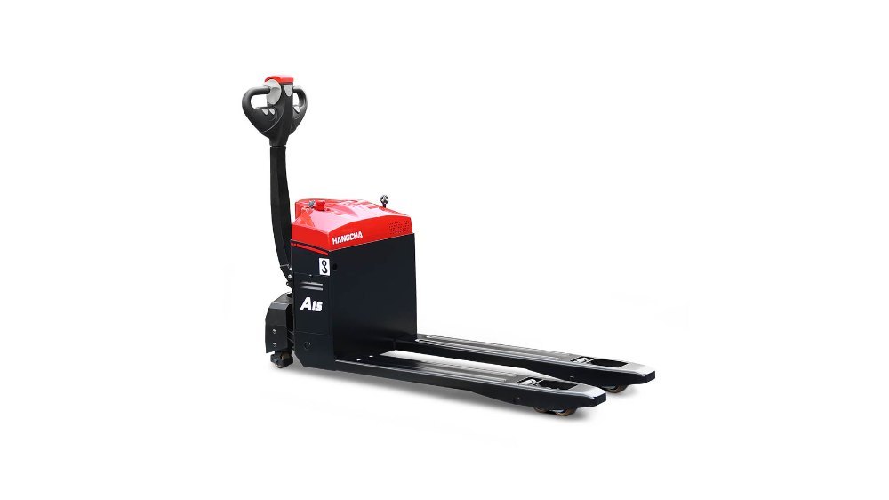Heavy-duty EP A15 walkie pallet truck (1.5T capacity). Red/black powered pallet mover with ergonomic tiller and safety features, suitable for factory, warehouse, and retail backroom operations.