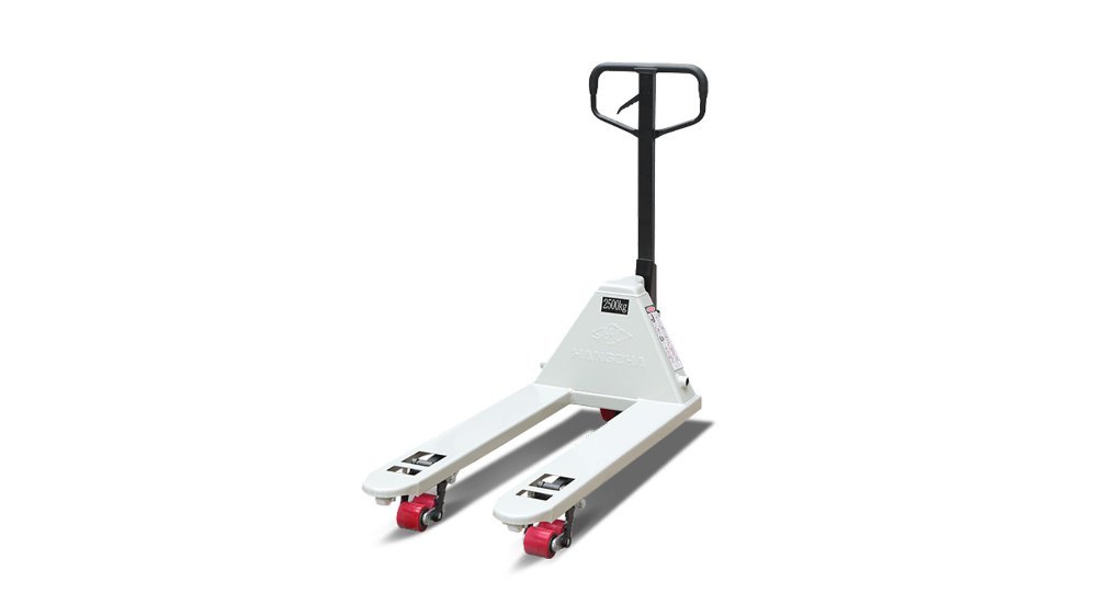 Hangcha 2500kg manual pallet truck, white hand pallet jack with red wheels, designed for warehouse material handling and load transport.