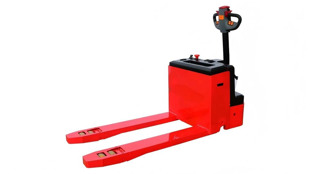 MIMA heavy-duty powered pallet jack with advanced control system and durable construction. Ideal for high-capacity load transportation, ensuring stability and operator comfort during long shifts.