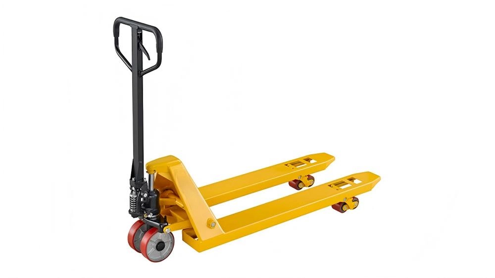 Heavy-duty yellow powered pallet jack (DALONG) with ergonomic tiller handle. Perfect for short-distance load transportation in distribution centers and manufacturing facilities.