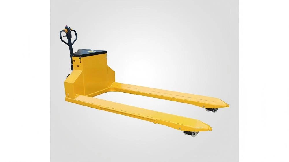 Yellow Tianyu Lishi electric pallet truck, walkie-style warehouse pallet jack with safety controls.