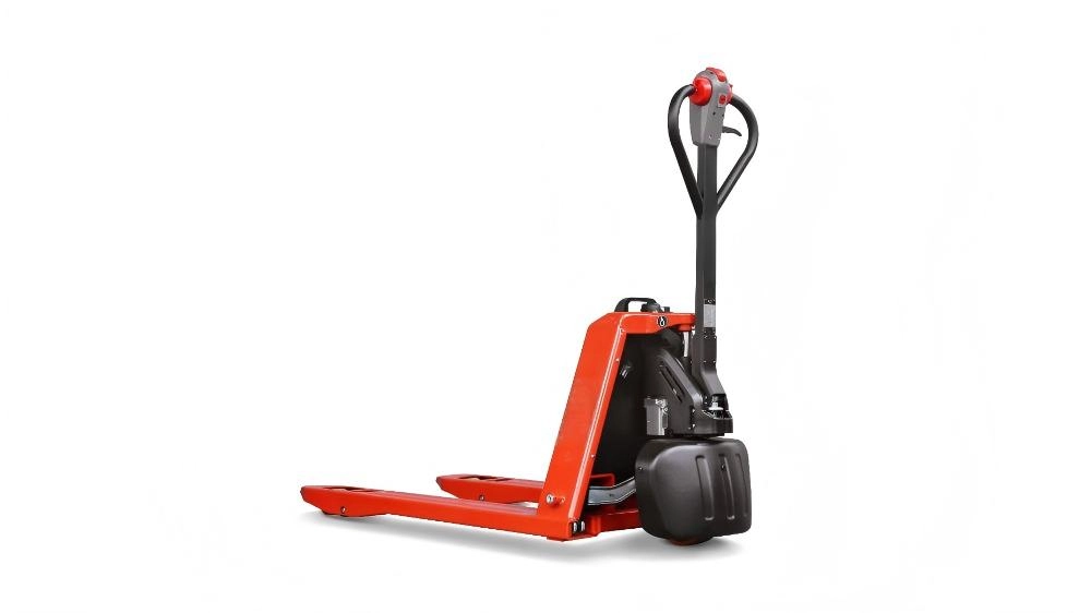 EP F4 compact powered pallet truck with removable Li-ion battery, lightweight design, and safety controls for efficient, continuous warehouse operations.
